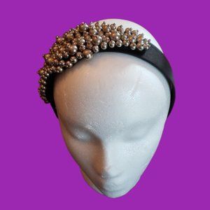 Pink Pewter Black Satin Silvertone Beaded Headband